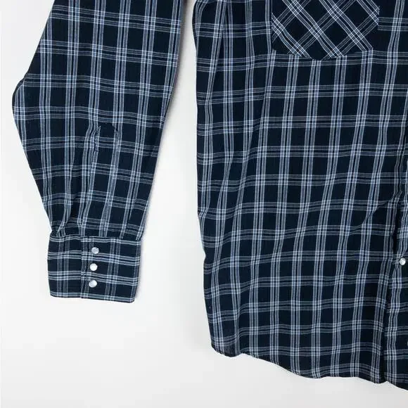 Plains Western Shirt Men's Large Long Sleeve Pearl Snaps Plaid Blue White - Picture 4 of 11